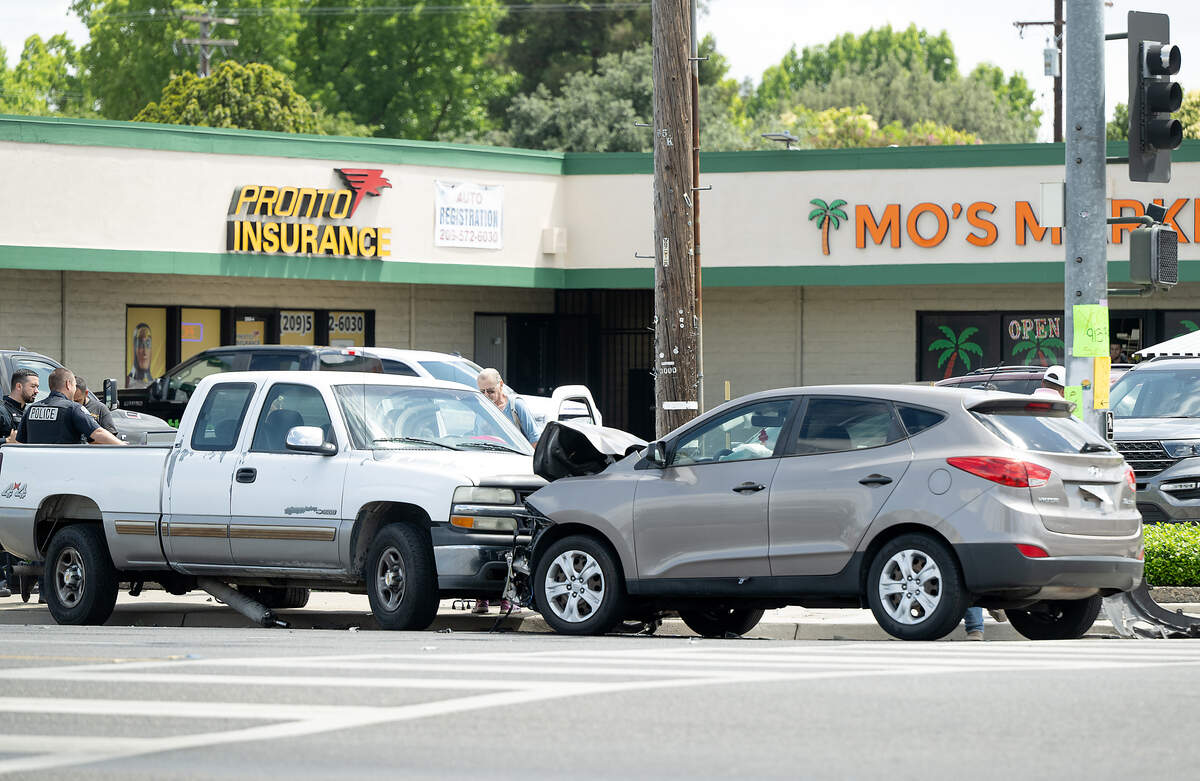 Modesto police process a traffic accident on McHenry Avenue in Modesto, May. 26, 2026.